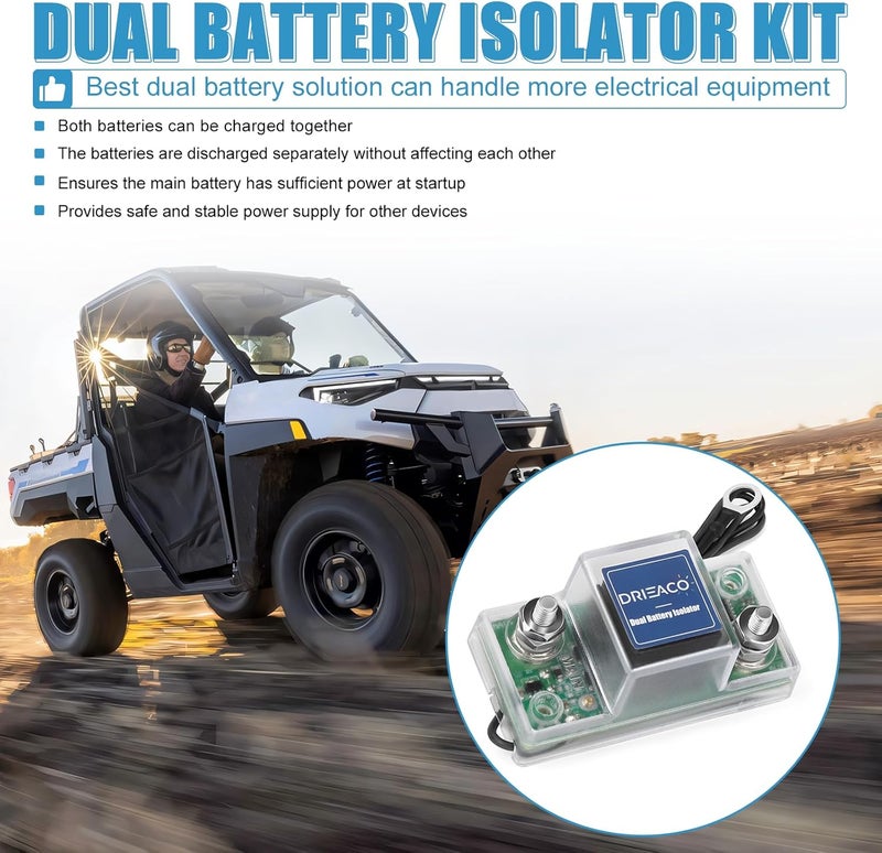 Drieaco Store Battery Isolator 12V, Universal Smart Dual Battery Isolator Kit Fit for UTV ATV RV Car Motorcycle Boat Golf Cart Can-Am Polaris Jeep Truck Tractor Accessories, Not Fit Lithium Batteries - Image 2